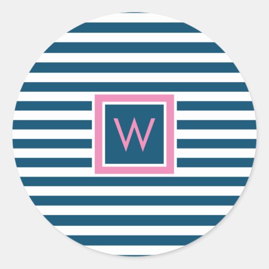 Gepersonaliseerd Monogram Slate Blauw en Wit Gestr Ronde Sticker (Voorkant)