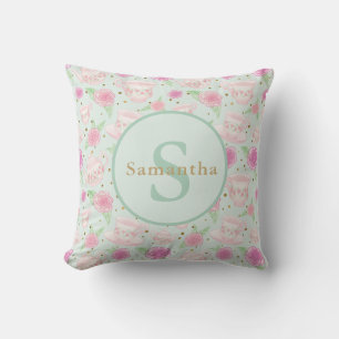 Gepersonaliseerd monogram van Mint Green Pink Tea  Kussen