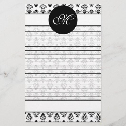 Gepersonaliseerd monogram witte & zwarte Damask Li Briefpapier (Voorkant)