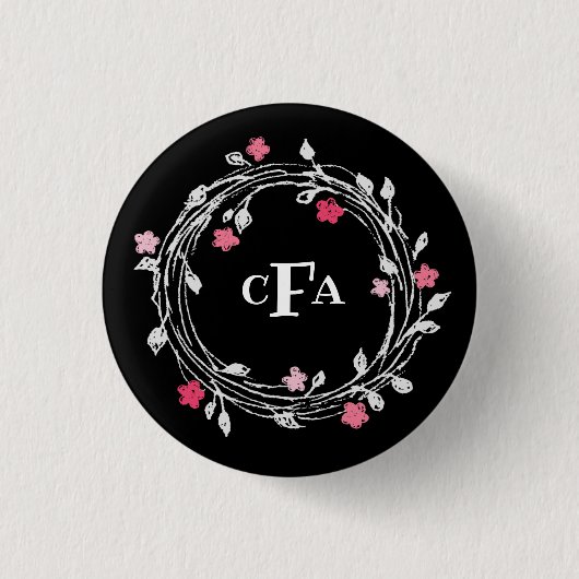 Gepersonaliseerd monogram zwart-wit ronde button 3,2 cm (Voorkant)