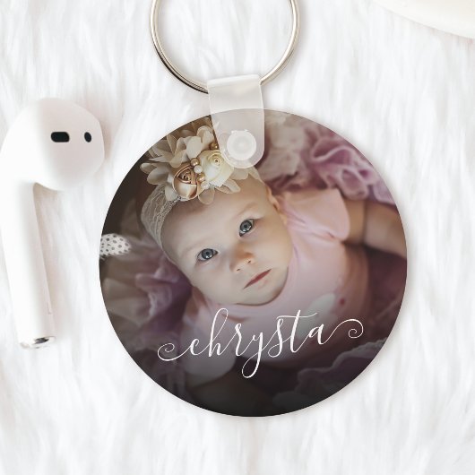 Gepersonaliseerd Naam Baby Foto Chic Script Sleutelhanger