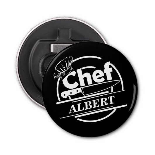 Gepersonaliseerd naam Chef Black Button Flesopener (Voorkant)