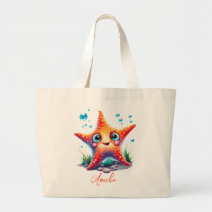 Gepersonaliseerd Naam Lachend Sinaasappel Zeester  Grote Tote Bag