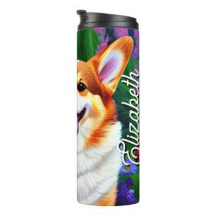 Gepersonaliseerd naam Pastel Floral Corgi Thermosbeker