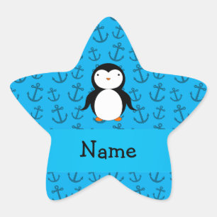 Gepersonaliseerd naampinguïn blauw ankerpatroon ster sticker