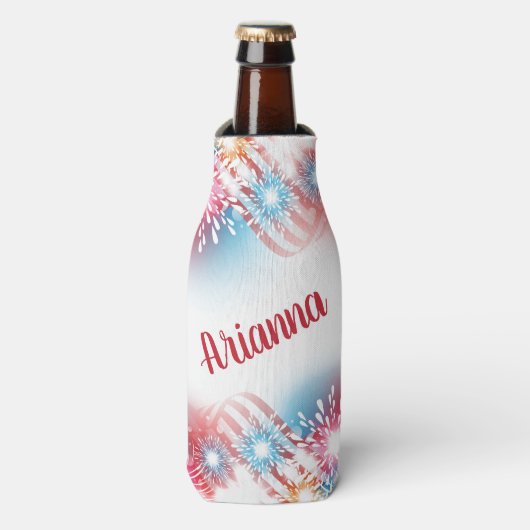 Gepersonaliseerd op 4 juli Fireworks Flesjeskoeler (Fles Voorkant)