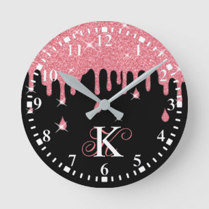 Gepersonaliseerd opdrijven roze glittereffect ronde klok
