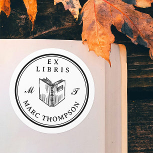 Gepersonaliseerd Open Boek Classic Monogram Biblio Ronde Sticker