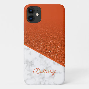 Gepersonaliseerd Oranje glitter - witte marmer iPhone 11 Hoesje