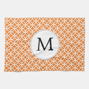 Gepersonaliseerd Oranje monogram-dubbel-ringpatroo Theedoek