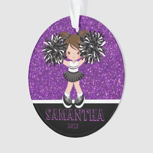 Gepersonaliseerd Paarse & Zwart Cheerleading Ornam Ornament (voorkant)