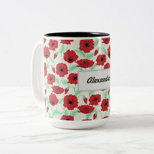 Gepersonaliseerd papaverontwerp tweekleurige koffiemok