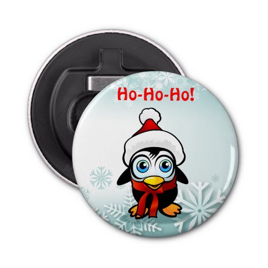 Gepersonaliseerd Penguin Santa Cartoon Button Flesopener (Voorkant)