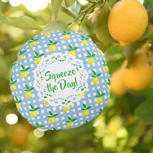 Gepersonaliseerd Preppy Yellow Lemons Blauw Wit Ch Rond Kussen