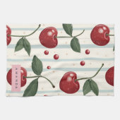 Gepersonaliseerd retro rode kersenpatroon theedoek (Horizontaal)
