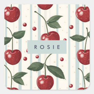 Gepersonaliseerd  retro rode kersenpatroon vierkante sticker