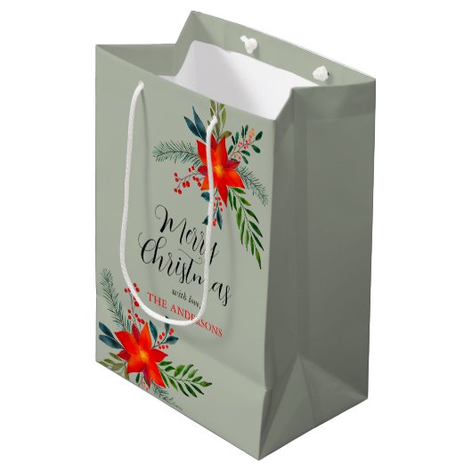 Gepersonaliseerd rode poinsettia Vrolijk kerstfees Medium Cadeauzakje (Voorkant Gekanteld)