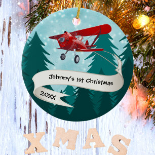 Gepersonaliseerd, Rode Vliegtuig & Kerstman, Eerst Keramisch Ornament