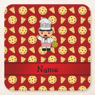 Gepersonaliseerd rood de pizzapatroon van de naam vierkante kartonnen onderzetter