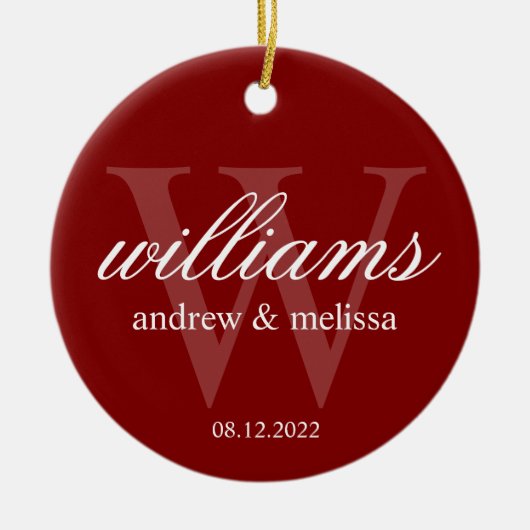 Gepersonaliseerd rood en wit monogram keramisch ornament (Voorkant)