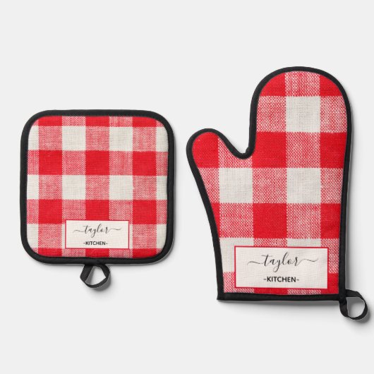 Gepersonaliseerd rood en wit Vichy patroon Ovenwant & Pannenlap Set (Voorkant)