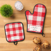Gepersonaliseerd rood en wit Vichy patroon Ovenwant & Pannenlap Set (Top down)
