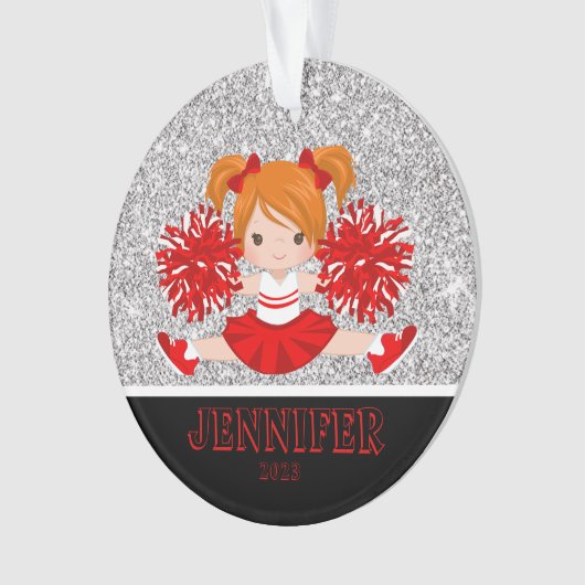 Gepersonaliseerd rood en zwart Cheerleading Orname Ornament (voorkant)