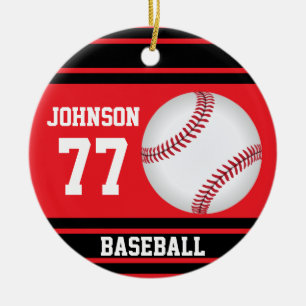 Gepersonaliseerd Rood en Zwart Honkbal   Keramisch Ornament