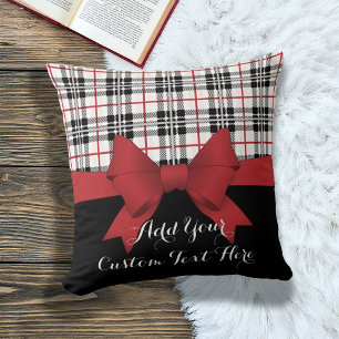 Gepersonaliseerd rood lint en Tartan Plaid Kussen