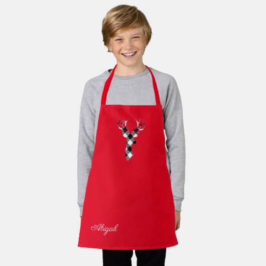 Gepersonaliseerd rood met zwart & wit geruite hert schort (Gedragen)