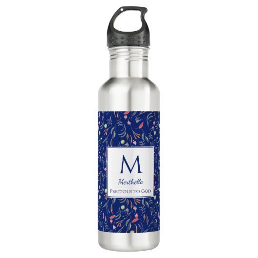 Gepersonaliseerd | ROYAL BLUE | Floral | Monogram Waterfles (Voorkant)