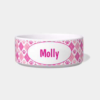 Gepersonaliseerd Roze Argyle Paw Print Voerbakje