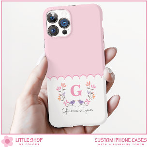 Gepersonaliseerd Roze Bloemen Monogram iPhone 16 Hoesje