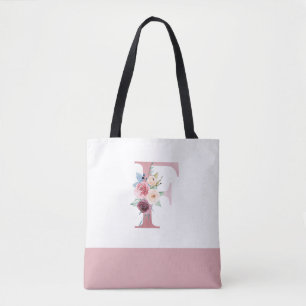 Gepersonaliseerd roze bloemmonogram letter F Draagtas