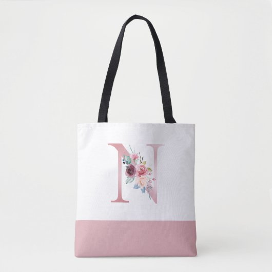 Gepersonaliseerd roze bloemmonogram letter N Draagtas (Voorkant)