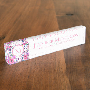 gepersonaliseerd roze bloemmonogram naambordje