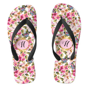 Gepersonaliseerd roze bloemmotief monogram teenslippers