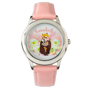 Gepersonaliseerd roze bloemrood panda Kind horloge