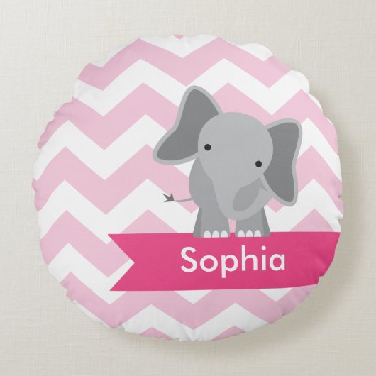 Gepersonaliseerd roze Chevron Elephant Rond Kussen (Voorkant)
