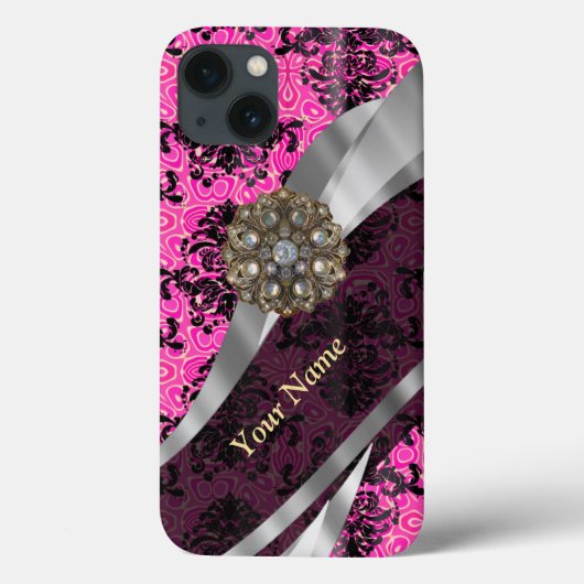 Gepersonaliseerd roze  damast patroon Case-Mate iPhone case (Achterkant)