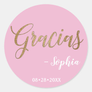Gepersonaliseerd Roze en Goud Gracias Script Ronde Sticker