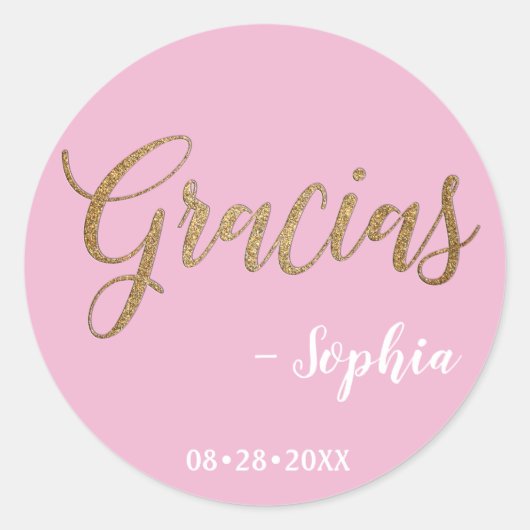Gepersonaliseerd Roze en Goud Gracias Script Ronde Sticker (Voorkant)