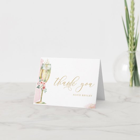 Gepersonaliseerd roze en gouden bloemglas champagn bedankkaart (Voorkant)