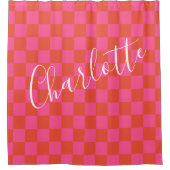 Gepersonaliseerd roze en Oranje Checkerboard Patro Douchegordijn (Voorkant)