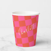 Gepersonaliseerd roze en Oranje Checkerboard Patro Papieren Bekers (Achterkant)