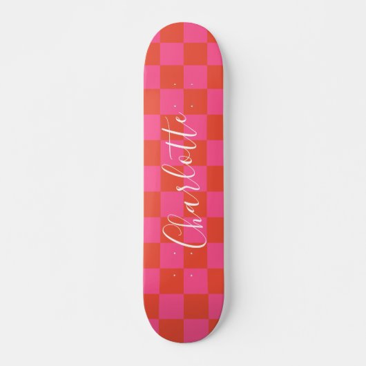 Gepersonaliseerd roze en Oranje Checkerboard Patro Skateboard (Voorkant)