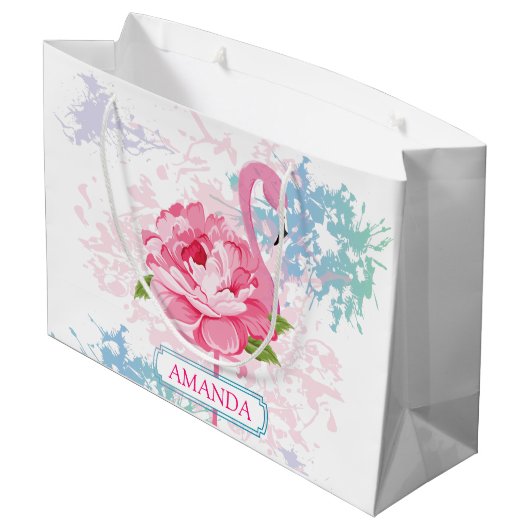 Gepersonaliseerd Roze flamingo Floral ontwerp Groot Cadeauzakje (Achterkant Gekanteld)