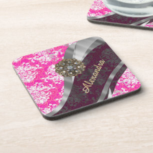 Gepersonaliseerd roze girly damast patroon drankjes onderzetter