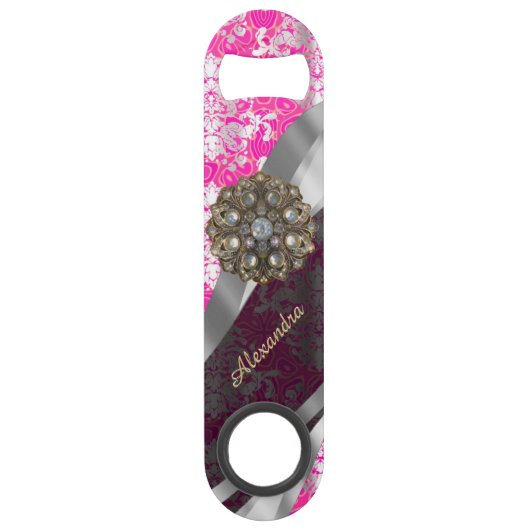 Gepersonaliseerd roze  girly damast patroon speed flessenopener (Voorkant)