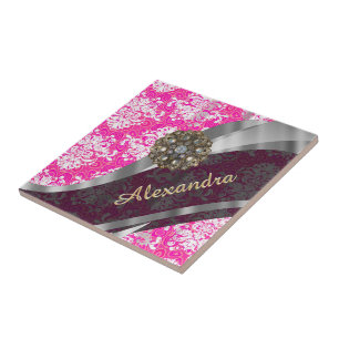 Gepersonaliseerd roze girly damast patroon tegeltje